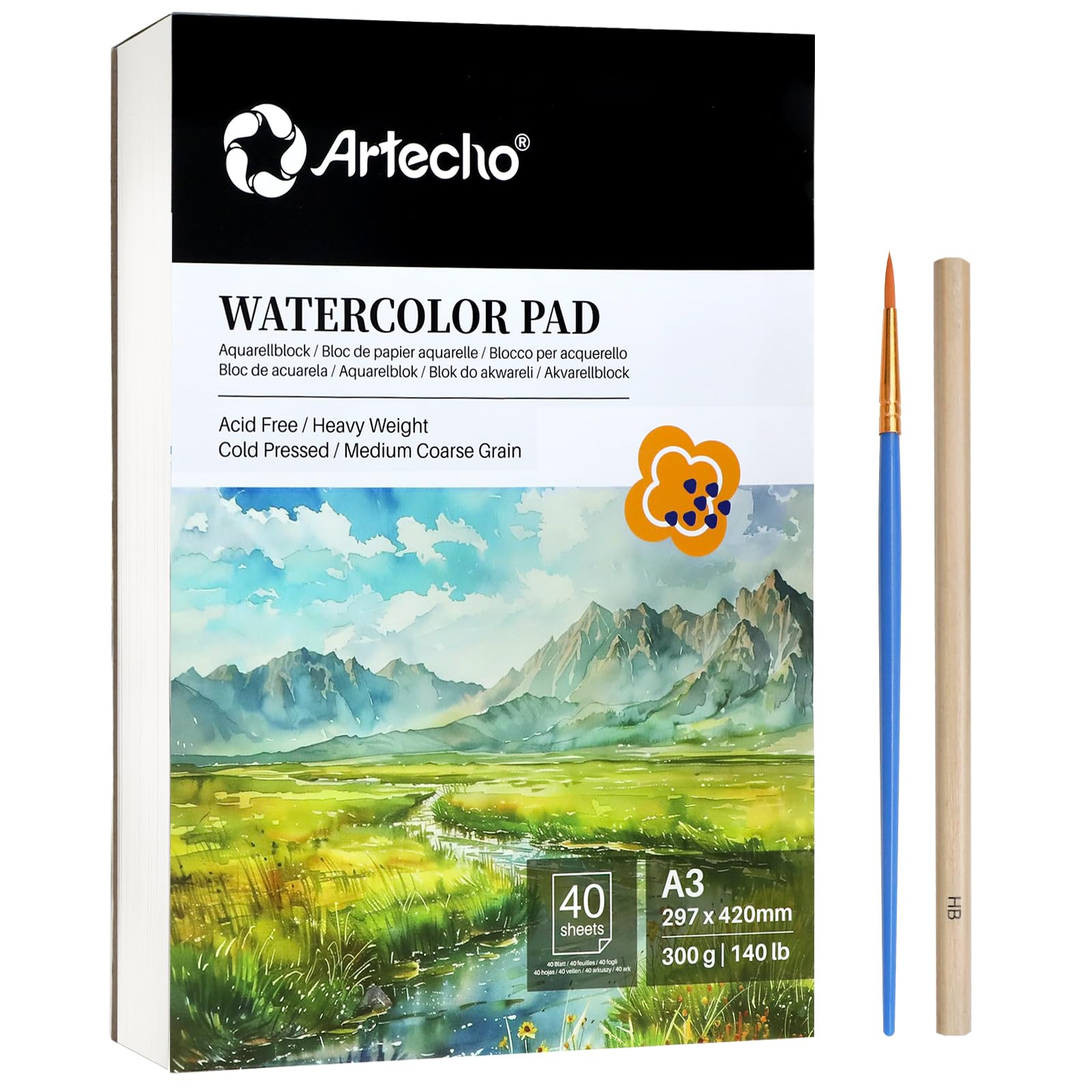 Watercolor Paper Pad with Brush & Pencil, A3, 40 Sheets (300gsm)