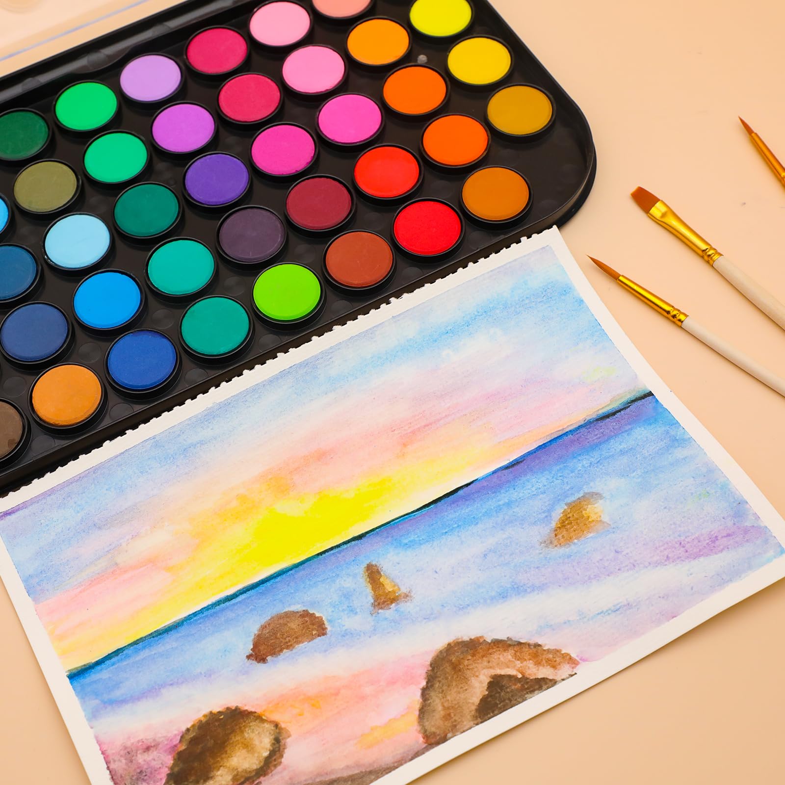 Watercolor Cake Set with 3 Brushes, 48 Colors