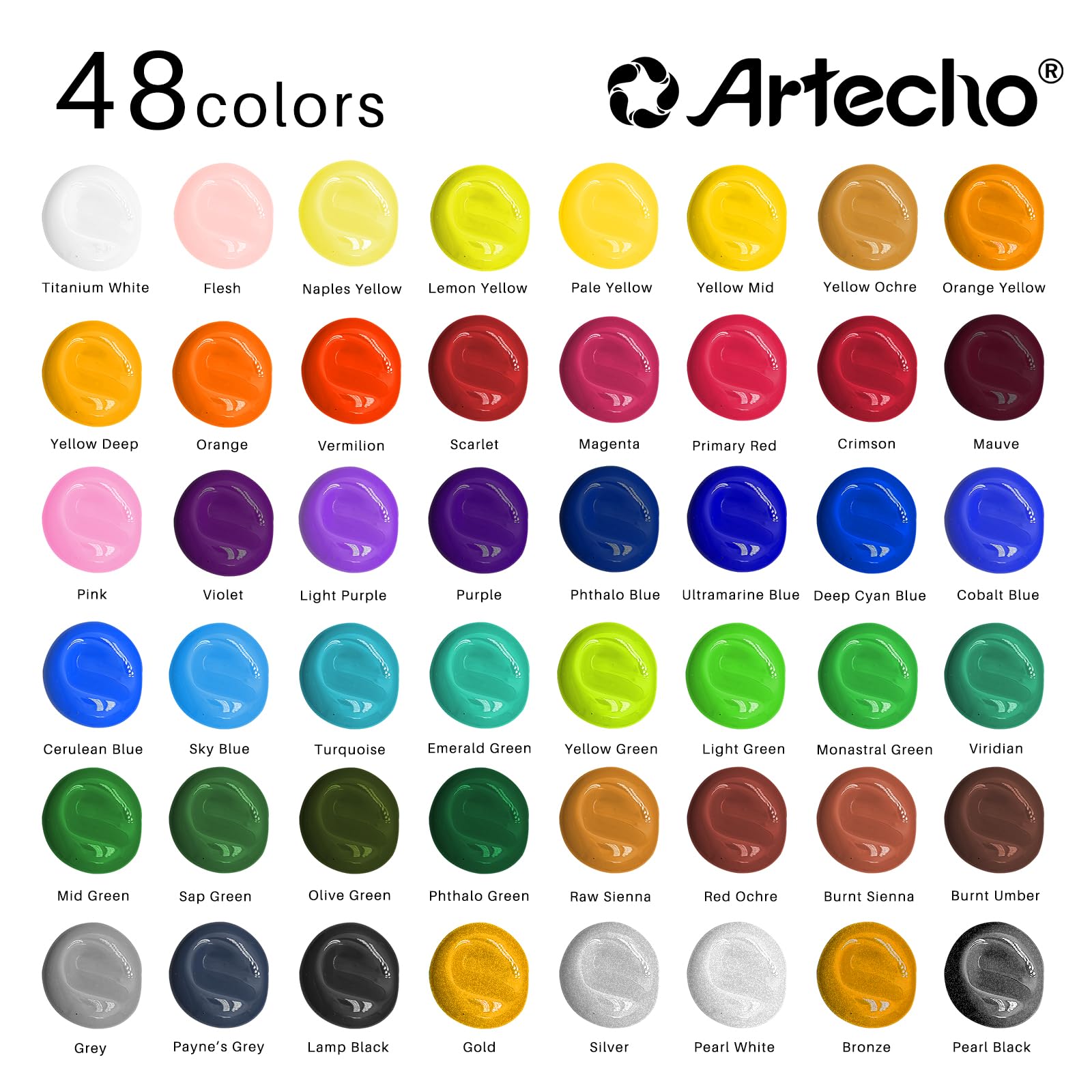 Acrylic Paint Set with 12 Brushes, 48 Colors (59ml / 2oz)