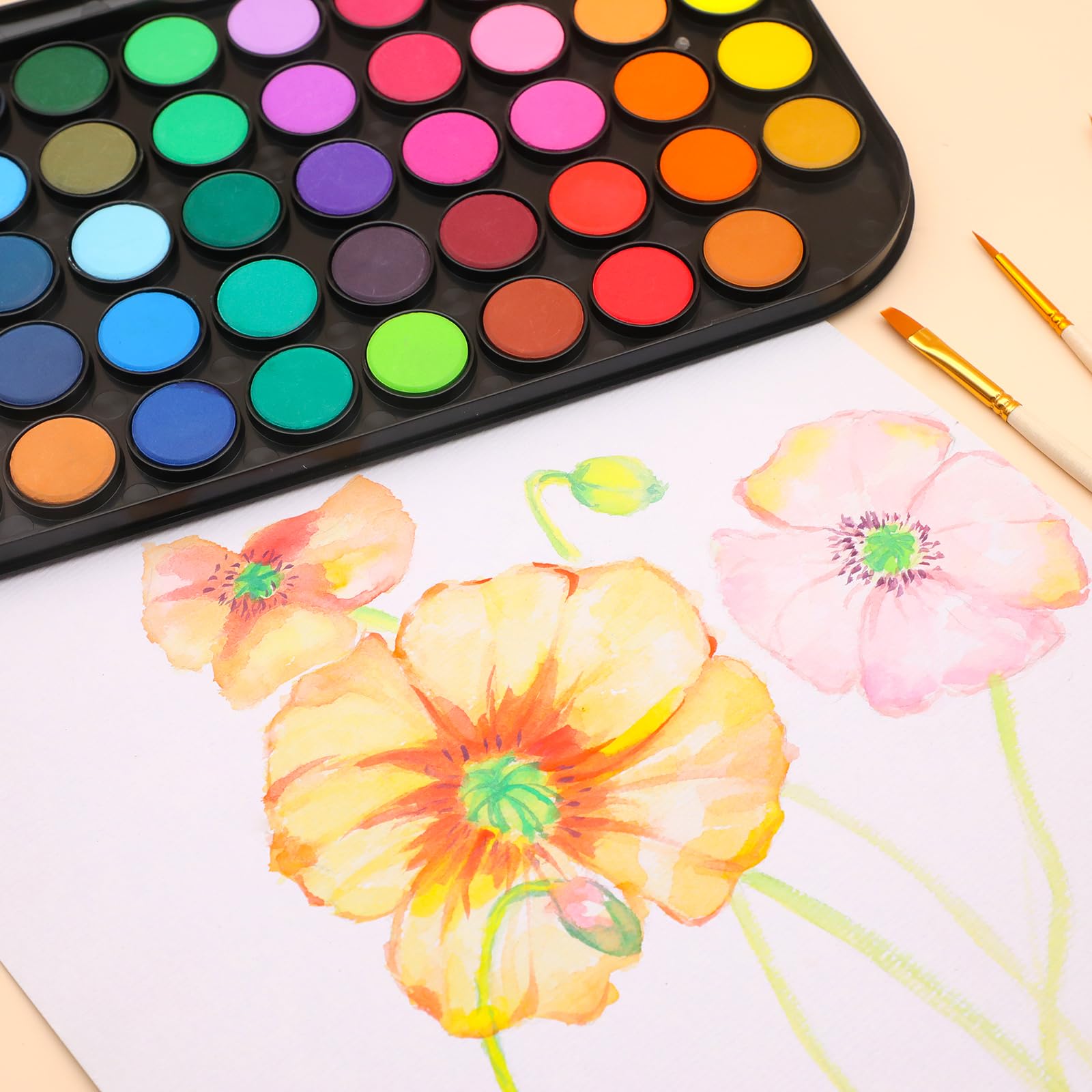 Watercolor Cake Set with 3 Brushes, 48 Colors