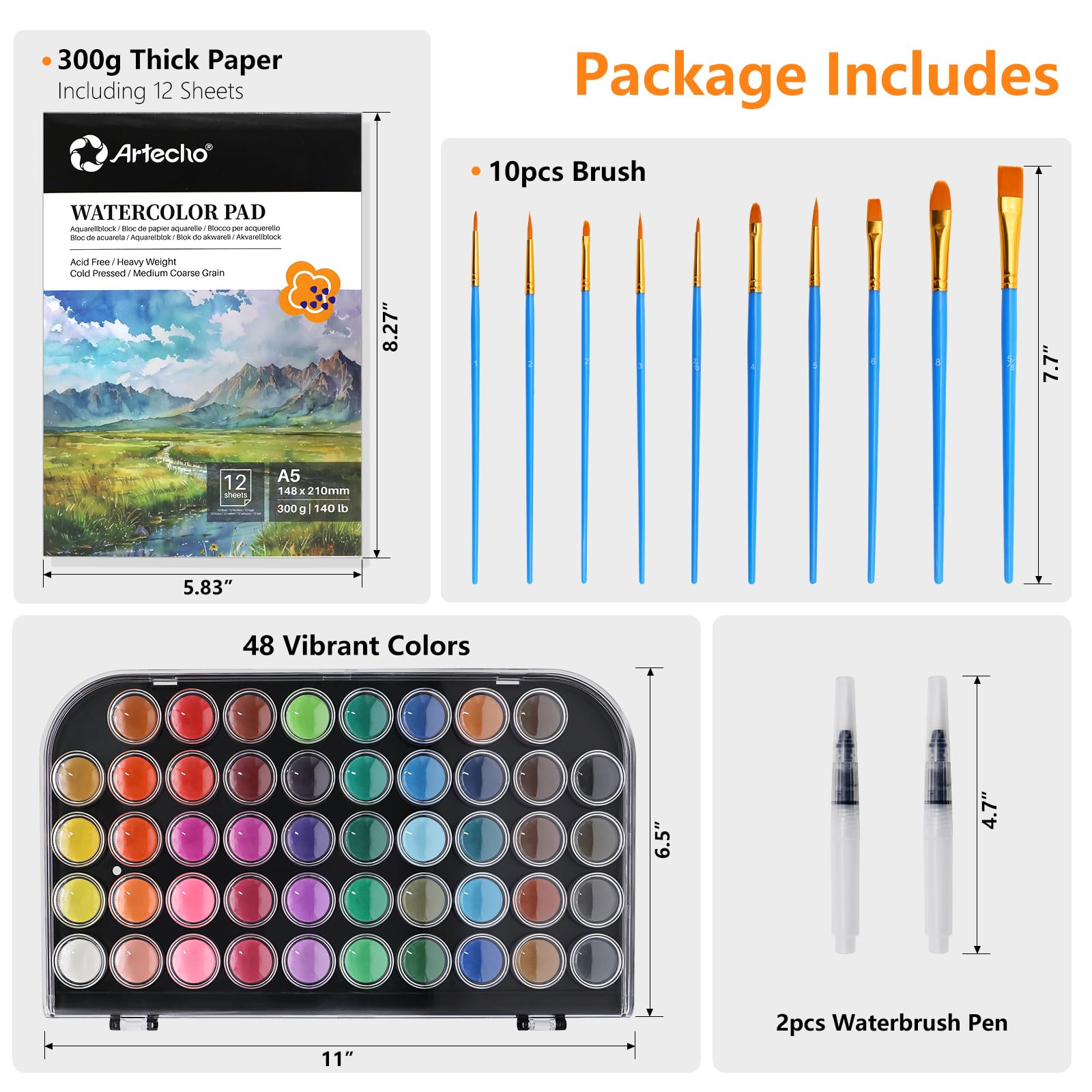 Watercolor Paint Set with Brushes & A5 Pad, 48 Colors