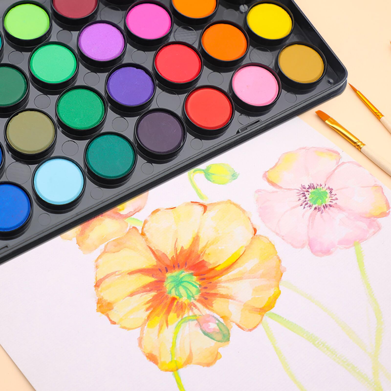 Watercolor Paint Set with 3 Brushes, 36 Colors