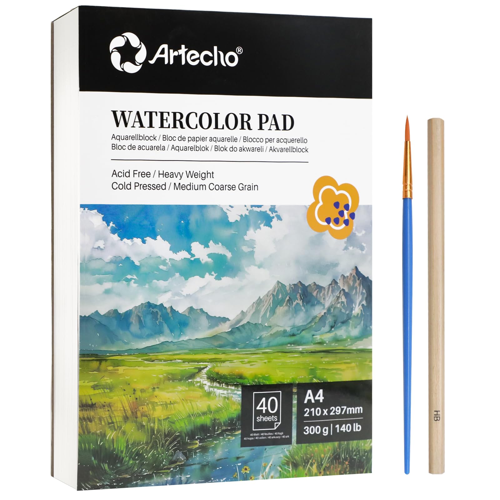 Watercolor Paper Pad with Brush & Pencil, A4, 40 Sheets (300gsm)