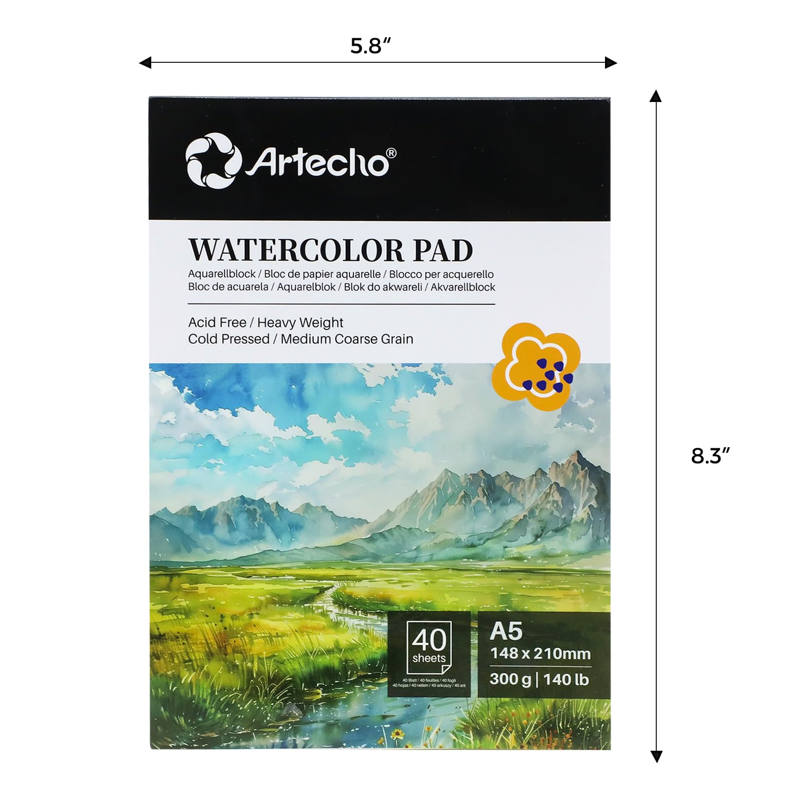 Watercolor Paper Pad with Brush & Pencil, A5, 40 Sheets (300gsm)
