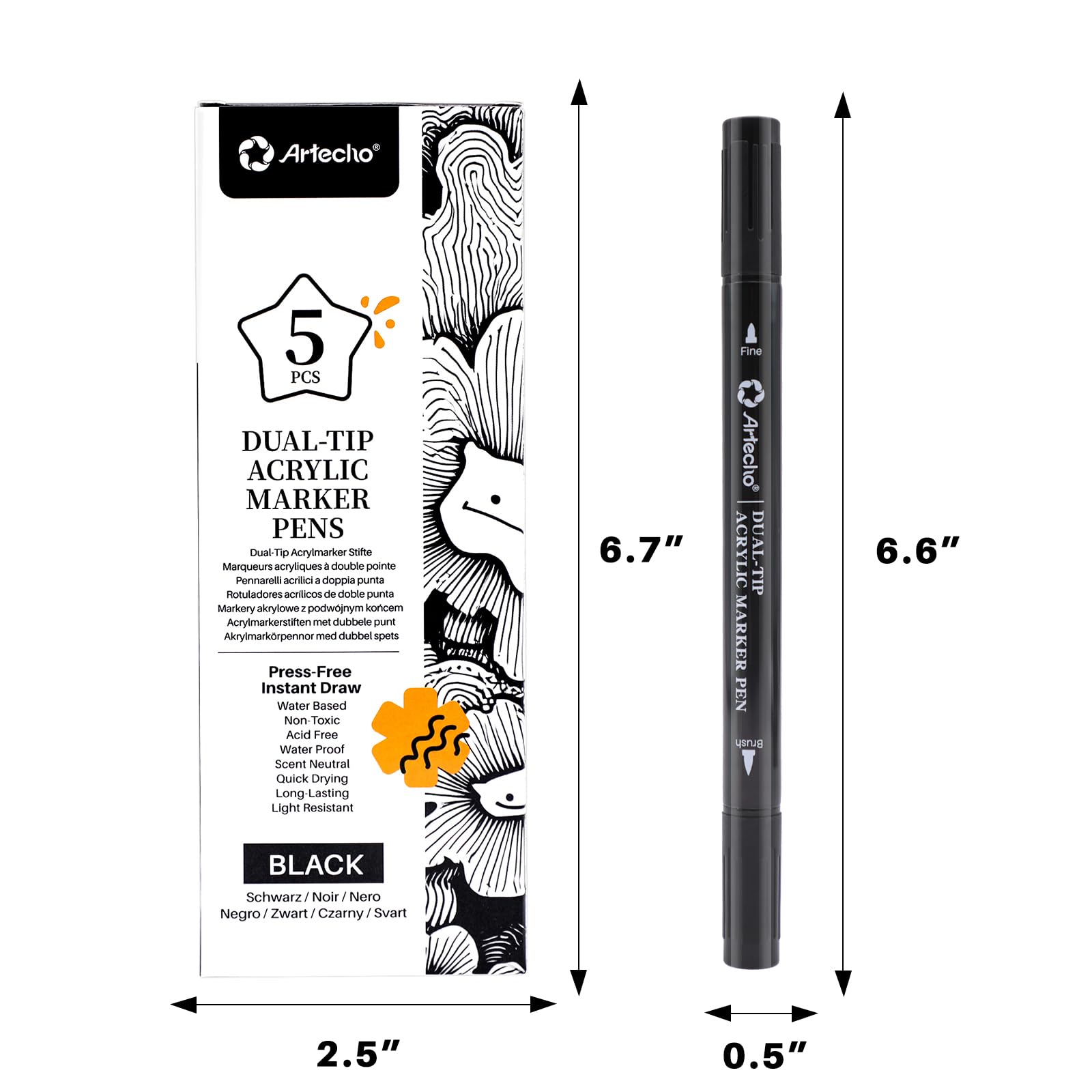 Dual Tip Acrylic Paint Pens, Black (5 PCS)