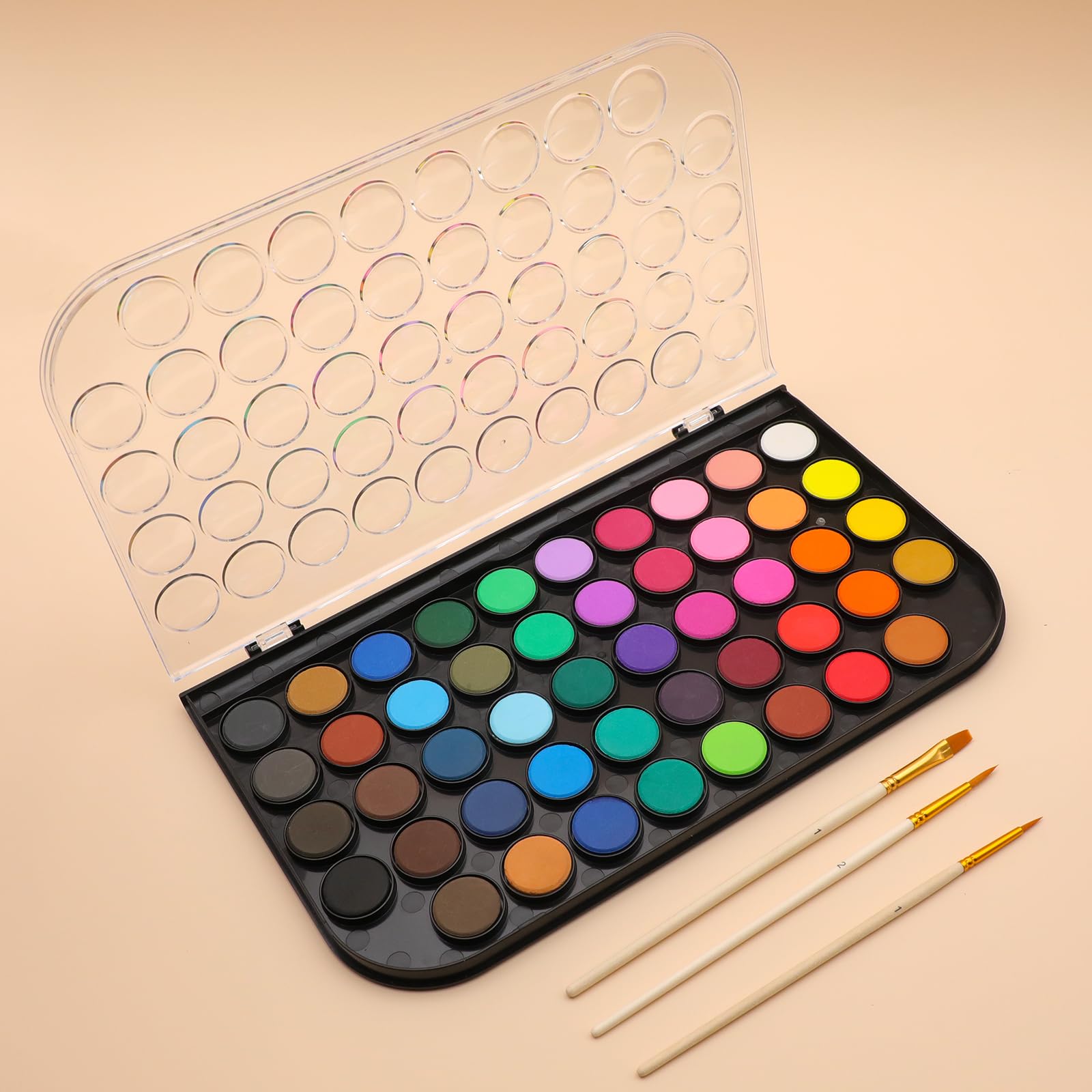 Watercolor Cake Set with 3 Brushes, 48 Colors