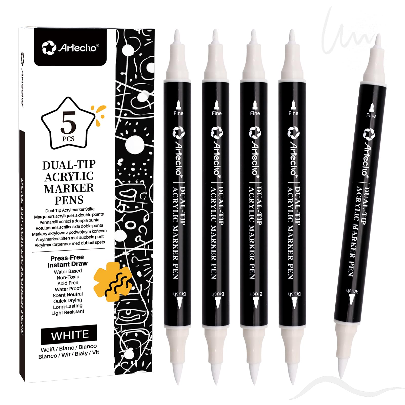 Dual Tip Acrylic Paint Pens, White (5 PCS)
