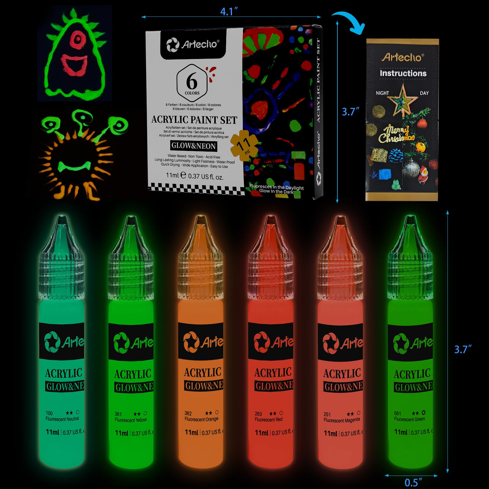 Glow in the Dark Acrylic Paint, 6 Colors (11ml / 0.37oz)