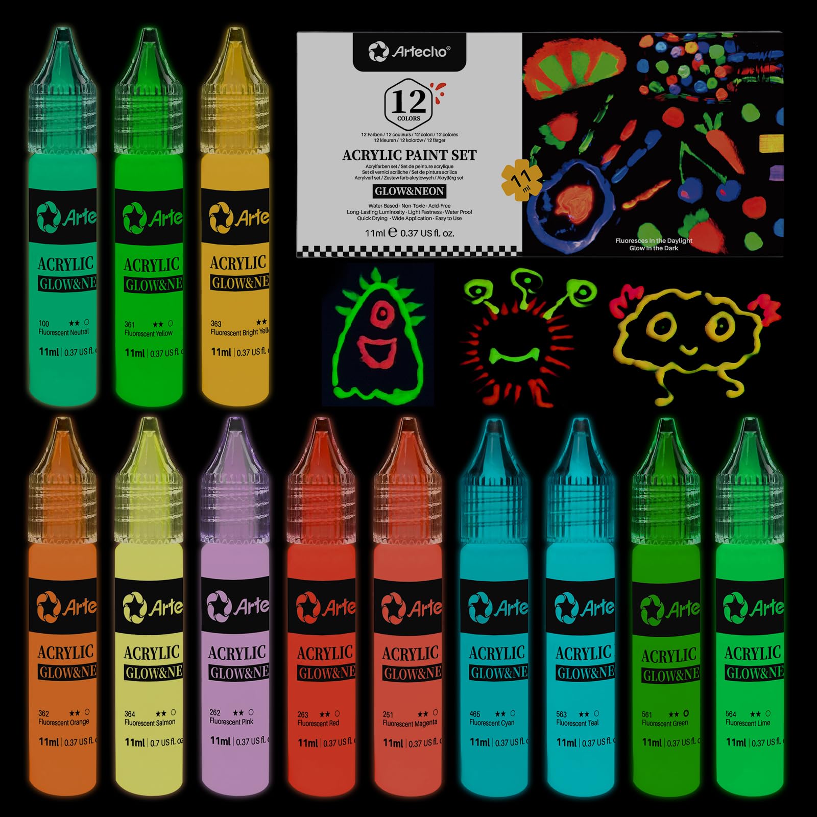Glow in the Dark Acrylic Paint, 12 Colors (11ml / 0.37oz)