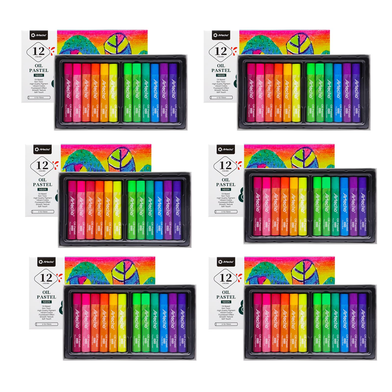 Neon Soft Oil Pastels Set, 72 PCS / 12 Colors (10x70mm)