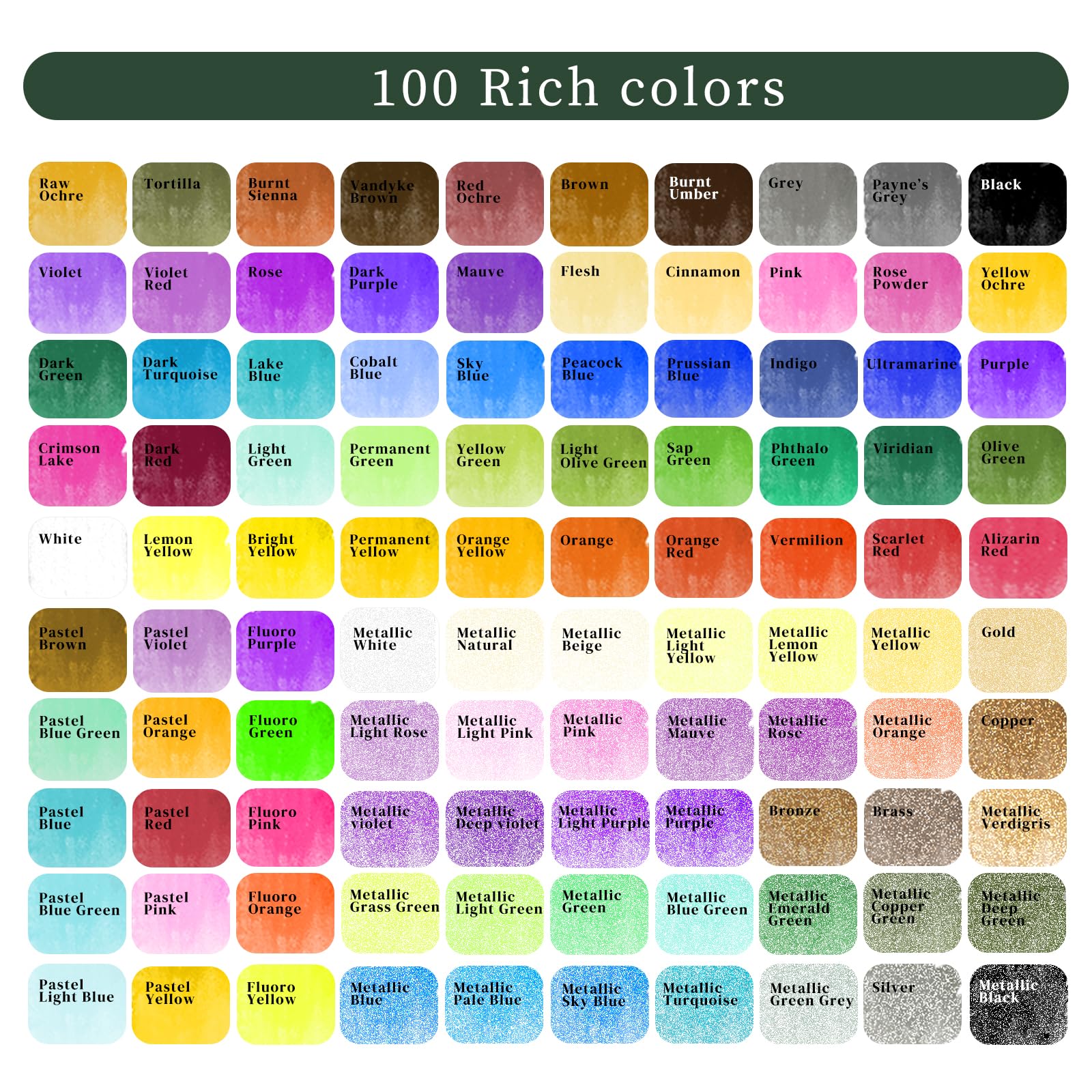 Watercolor Paint Set with Metallic Colors, 100 Colors