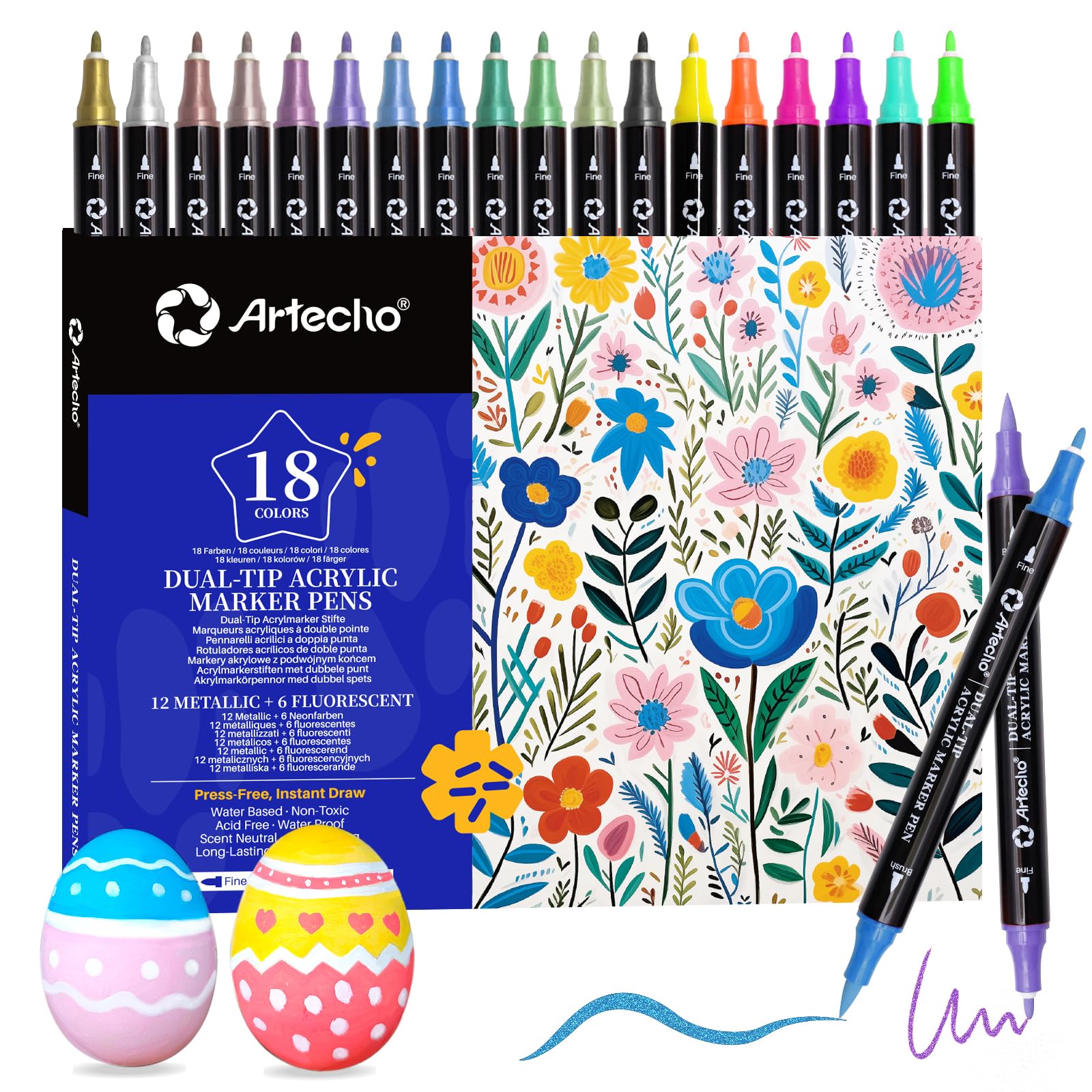 Acrylic Paint Markers, 18 Colors (12 Metallic & 6 Fluorescent)