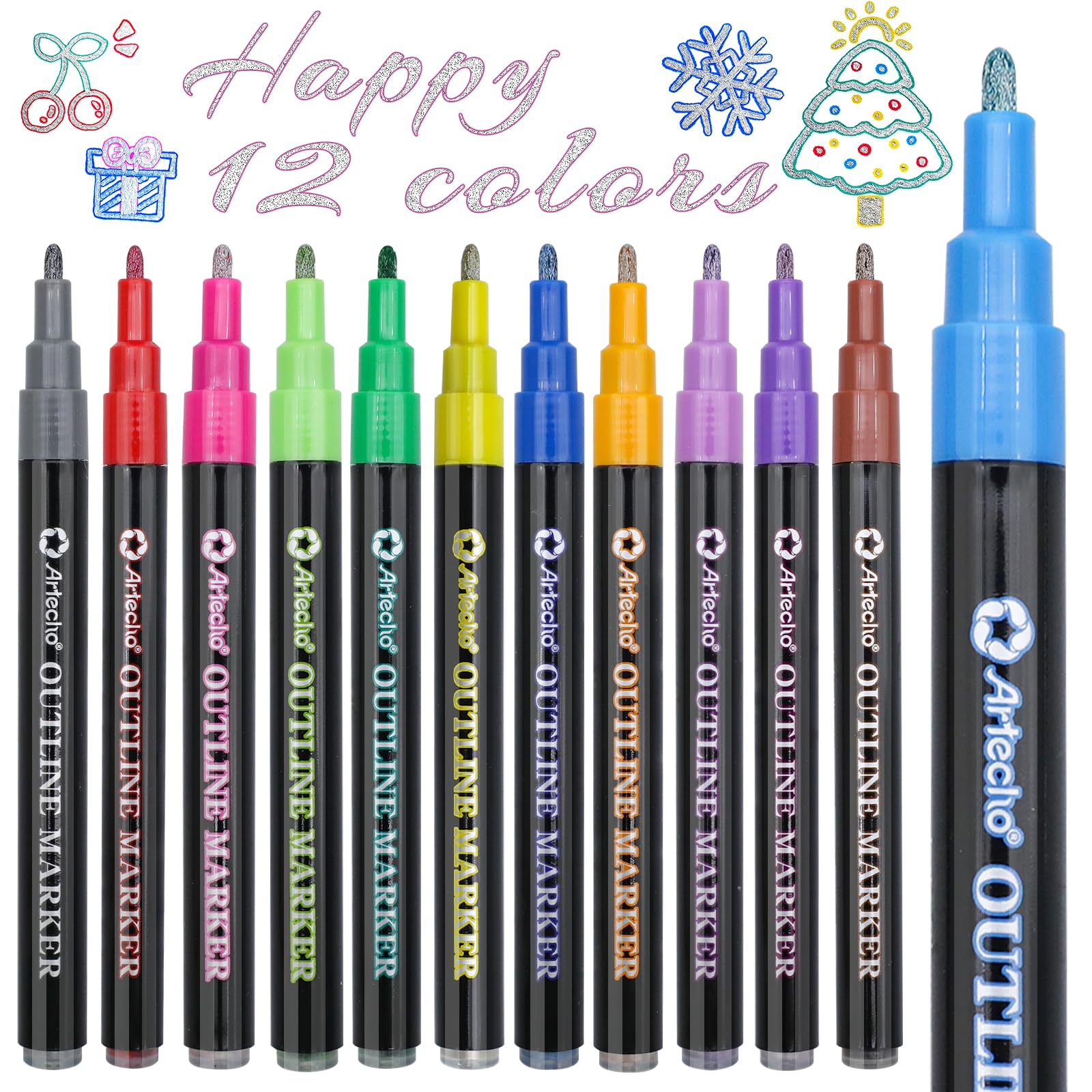 Glitter Outline Markers, 12 Colors