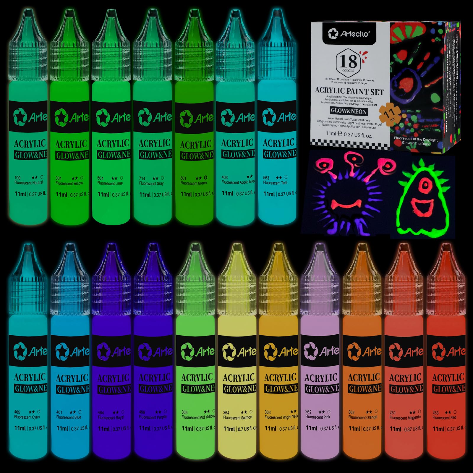 Glow in the Dark Acrylic Paint, 18 Colors (11ml)