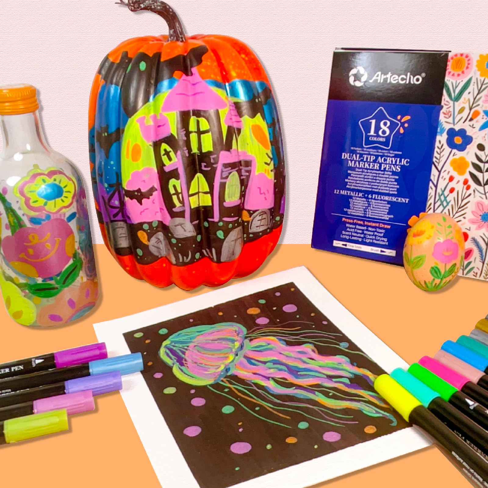 Acrylic Paint Markers, 18 Colors (12 Metallic & 6 Fluorescent)