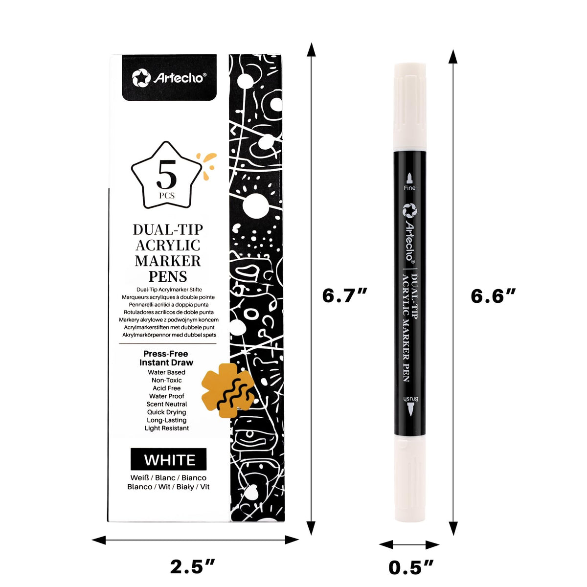 Artecho Dual Tip Acrylic Paint Pen White 5pcs set-Fine Tip and Brush Tip