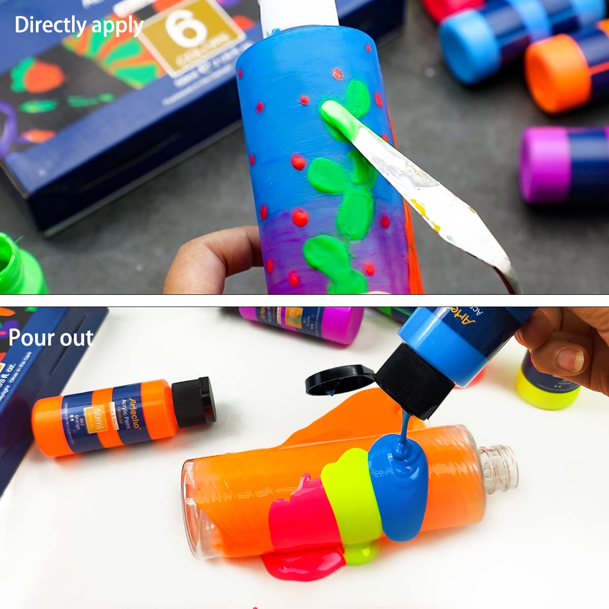 Neon Acrylic Paint, 6 Colors (59ml / 2oz)