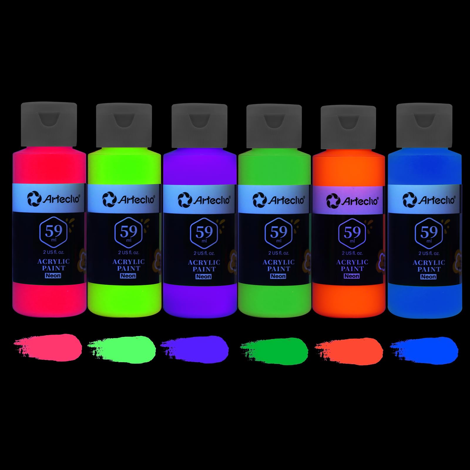 Glow in the Dark Acrylic Paint, 6 Colors (59ml / 2oz)