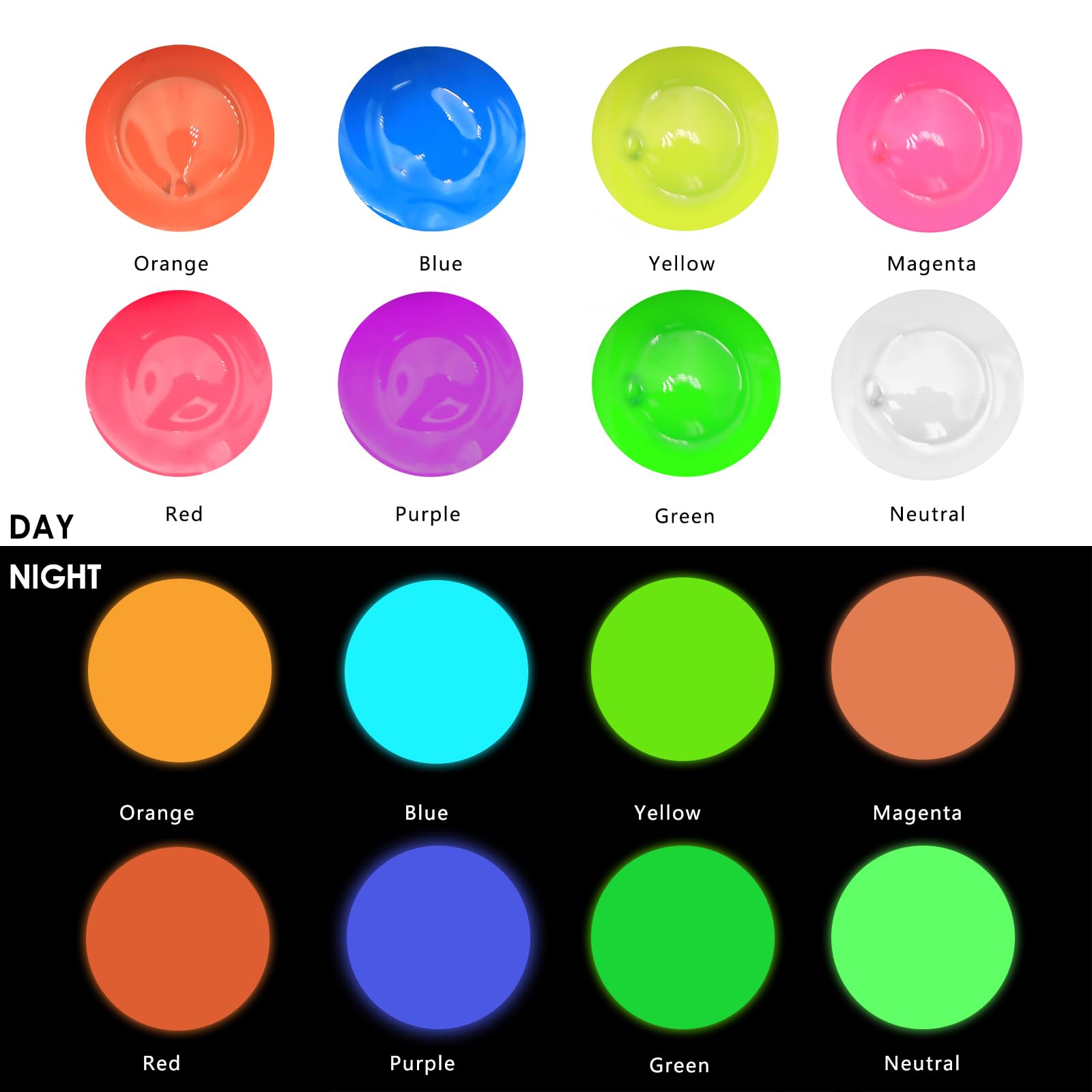 Glow in the Dark Acrylic Paint, 8 Colors (20ml / 0.7oz)