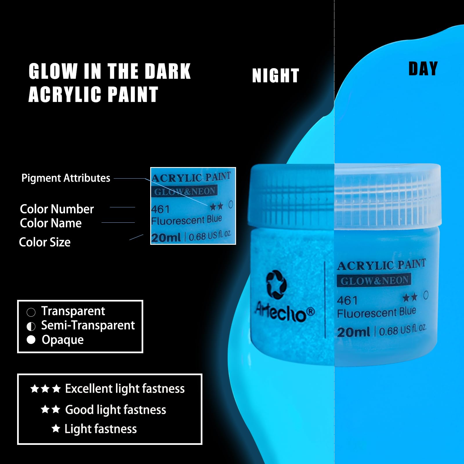 Glow in the Dark Acrylic Paint, 8 Colors (20ml / 0.7oz)