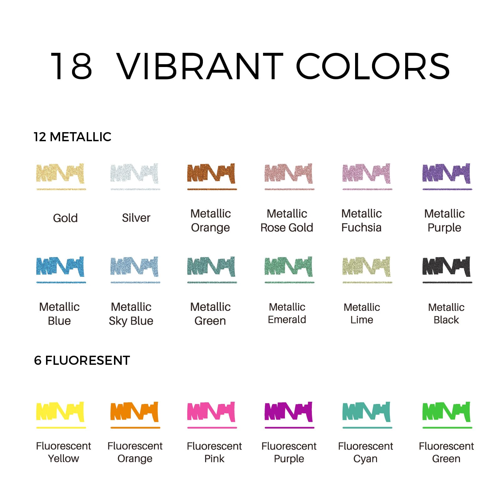Acrylic Paint Markers, 18 Colors (12 Metallic & 6 Fluorescent)