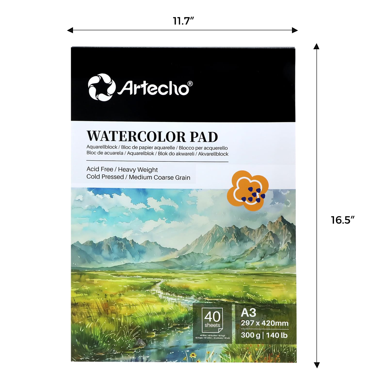 Watercolor Paper Pad with Brush & Pencil, A3, 40 Sheets (300gsm)