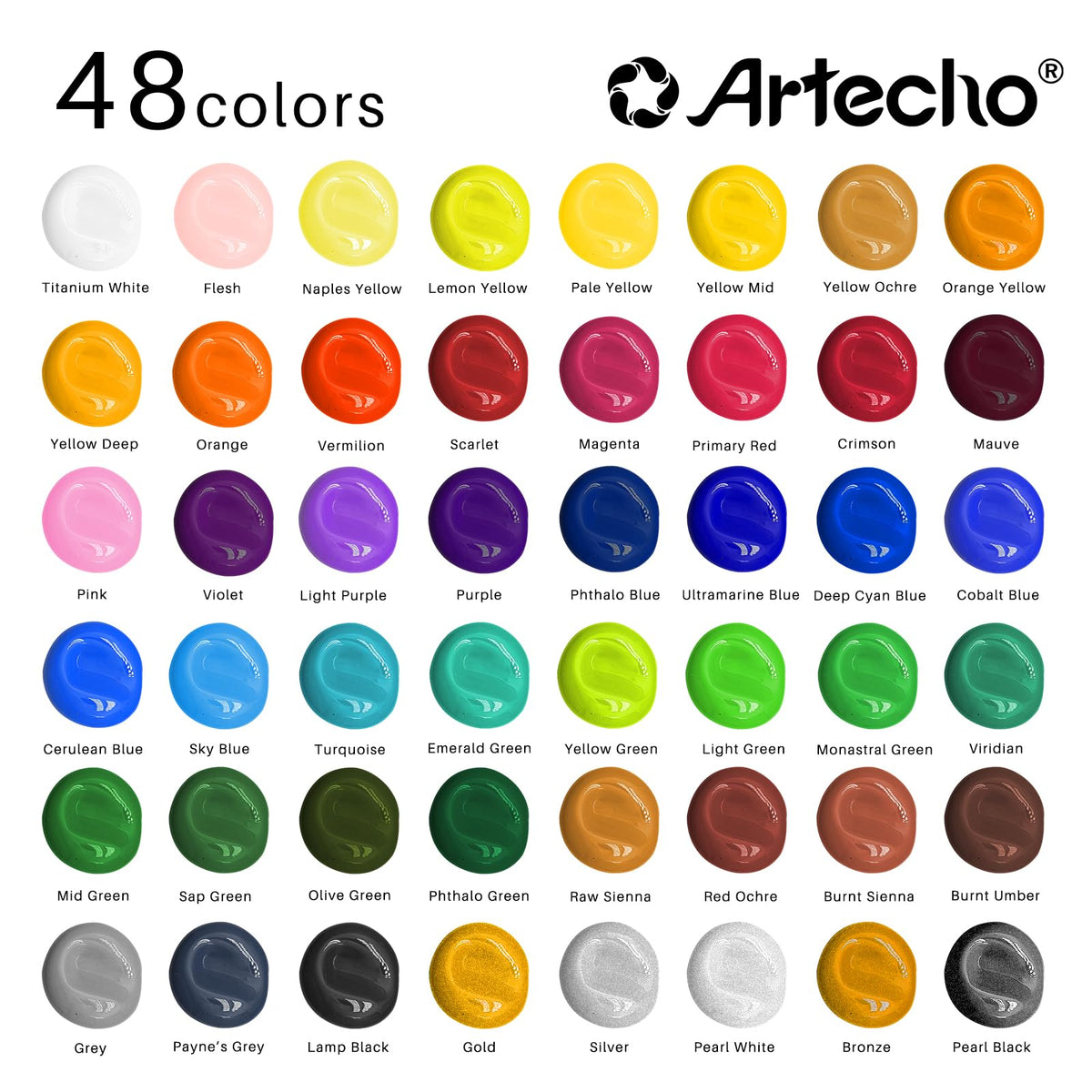 Artecho Acrylic Paint Set 48 Colors 2oz/59ml with 12 Brushes, Art Supplies