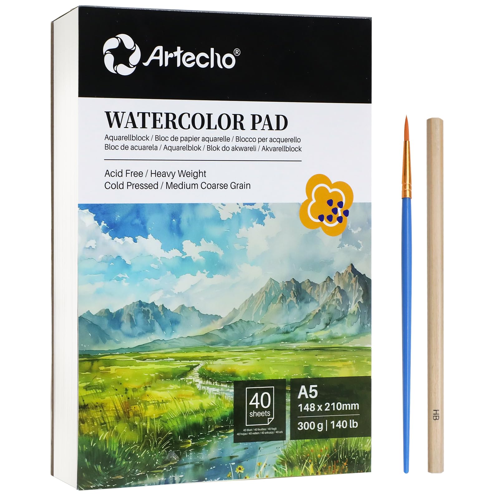 Watercolor Paper Pad with Brush & Pencil, A5, 40 Sheets (300gsm)
