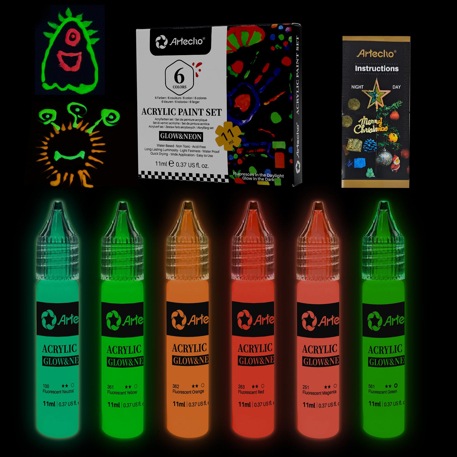 Glow in the Dark Acrylic Paint, 6 Colors (11ml / 0.37oz)