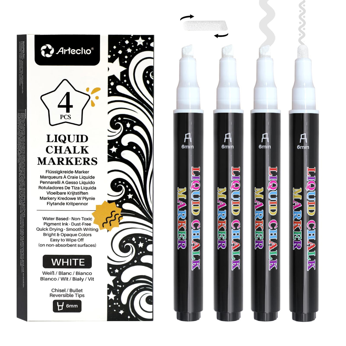 Artecho 4 Pack White Liquid Chalk Markers, 6mm Reversible Tip Pens