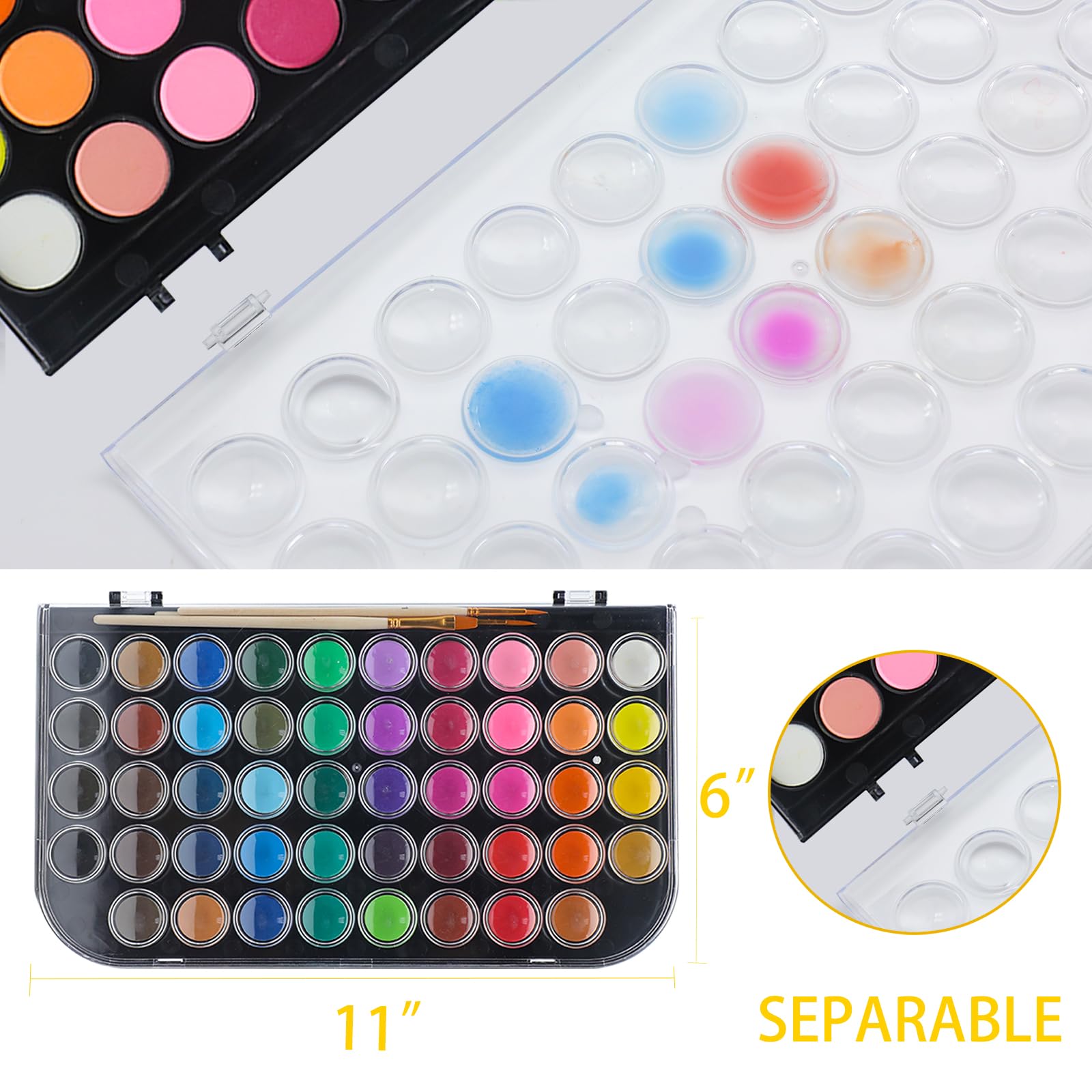 Watercolor Cake Set with 3 Brushes, 48 Colors