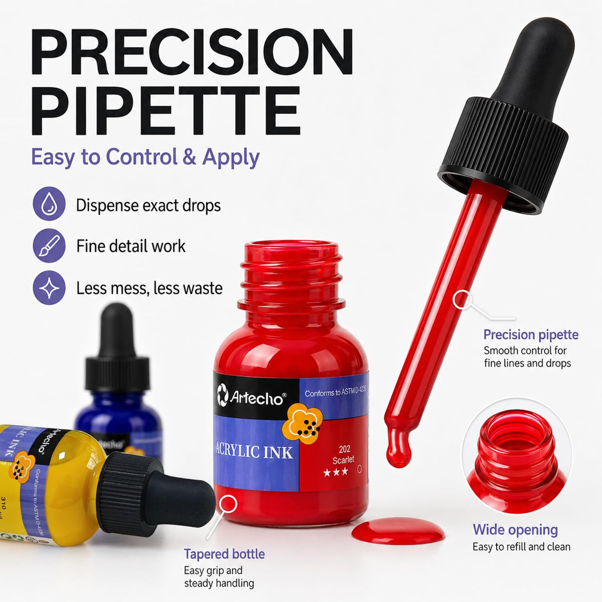 Artecho Acrylic Ink Set, 6 Colors, 20ml Dropper Bottles