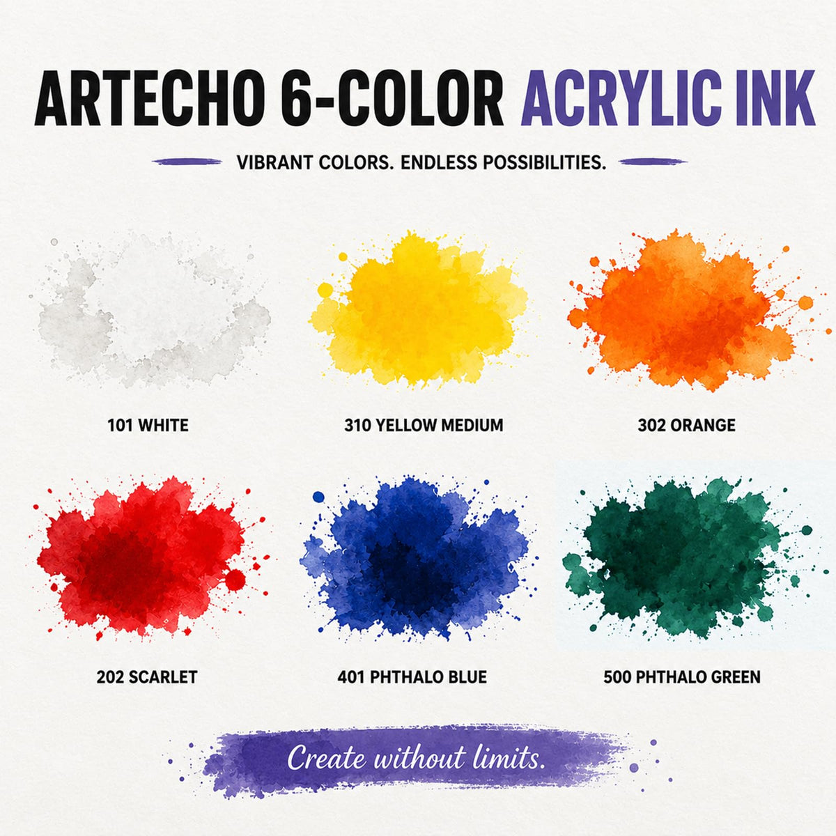 Artecho Acrylic Ink Set, 6 Colors, 20ml Dropper Bottles