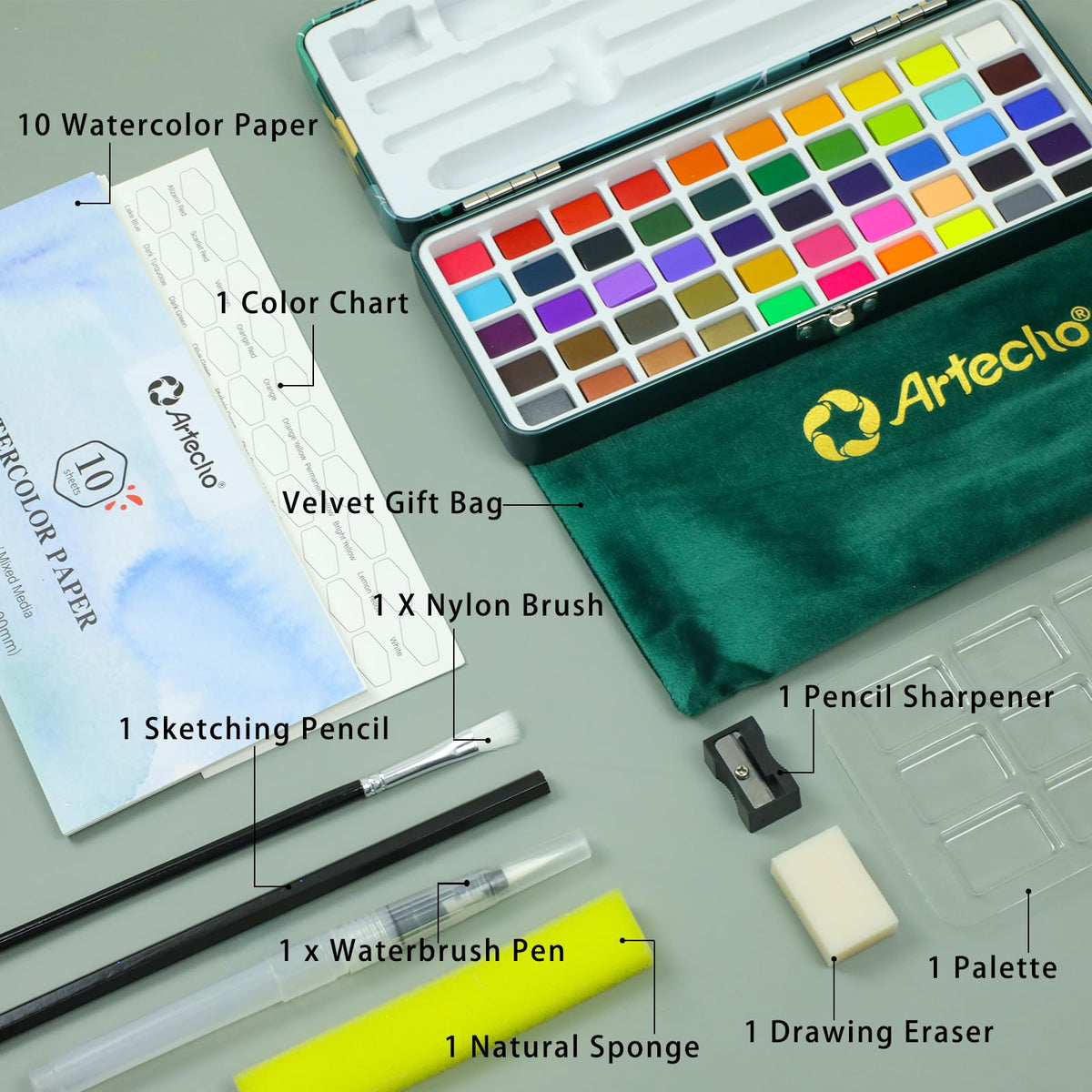 Artecho 50-Color Watercolor Paint Set, Compact Travel Tin Case