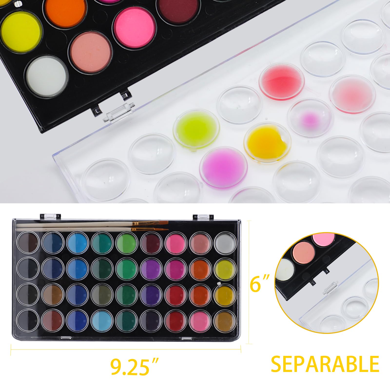 Watercolor Paint Set with 3 Brushes, 36 Colors