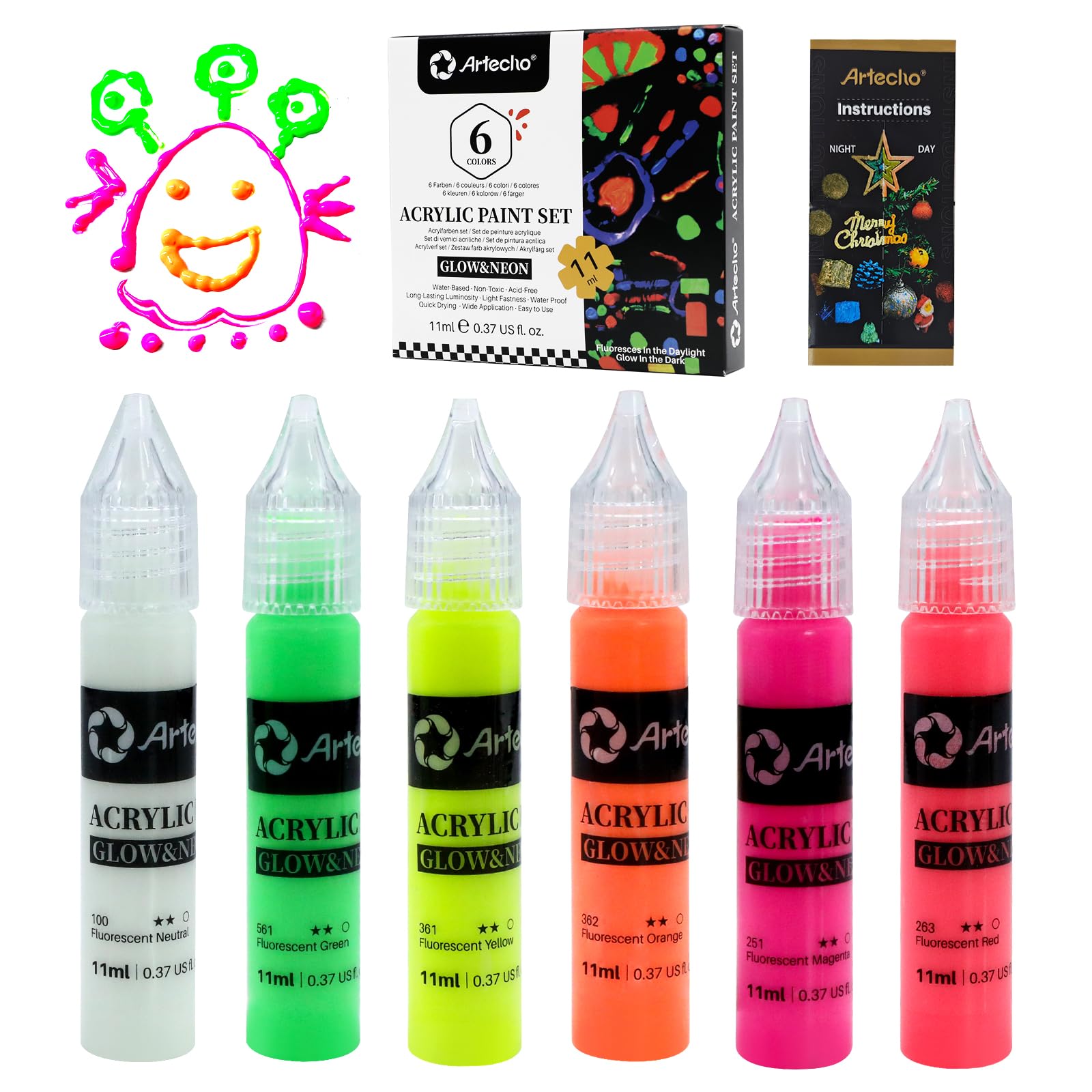 Glow in the Dark Acrylic Paint, 6 Colors (11ml / 0.37oz)