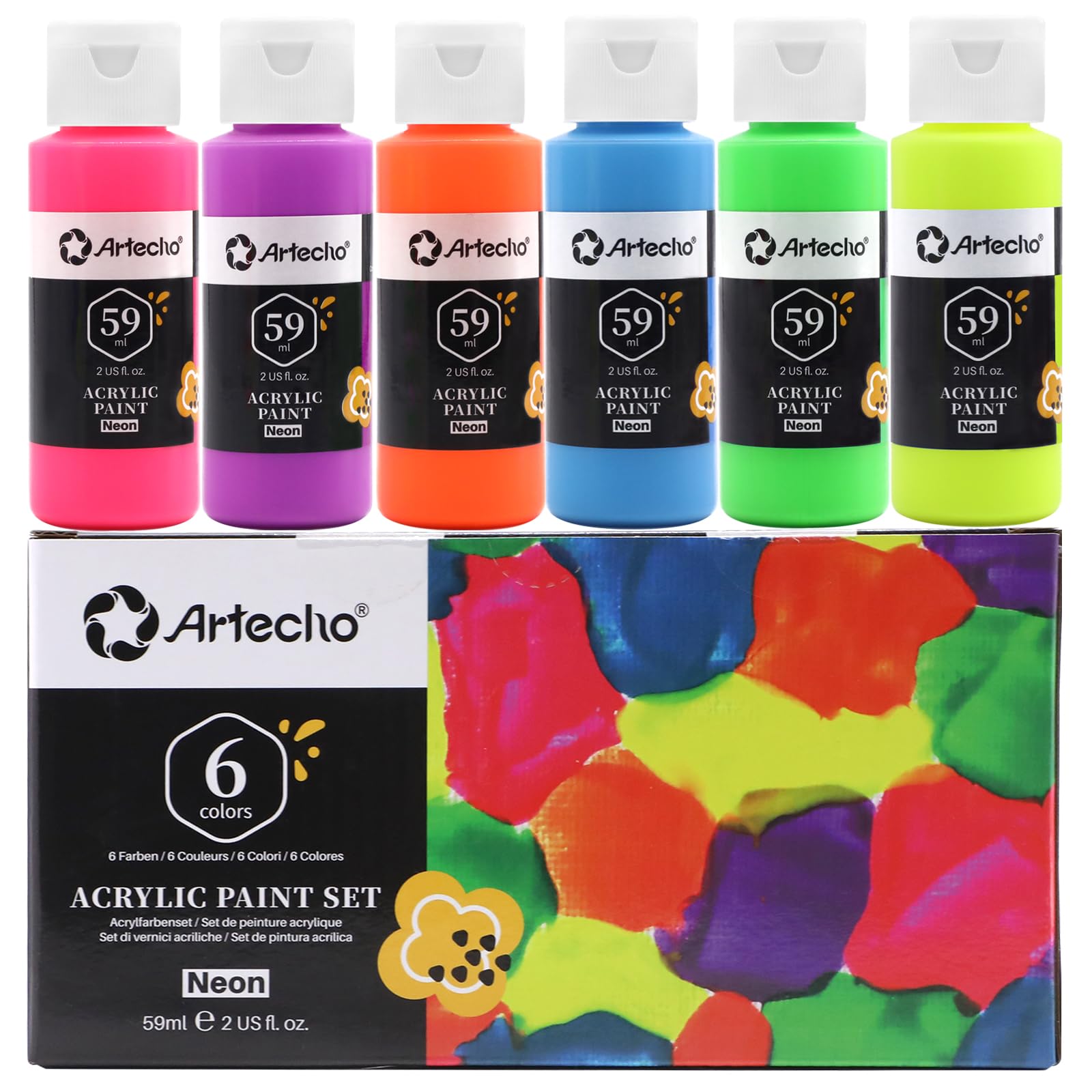 Glow in the Dark Acrylic Paint, 6 Colors (59ml / 2oz)