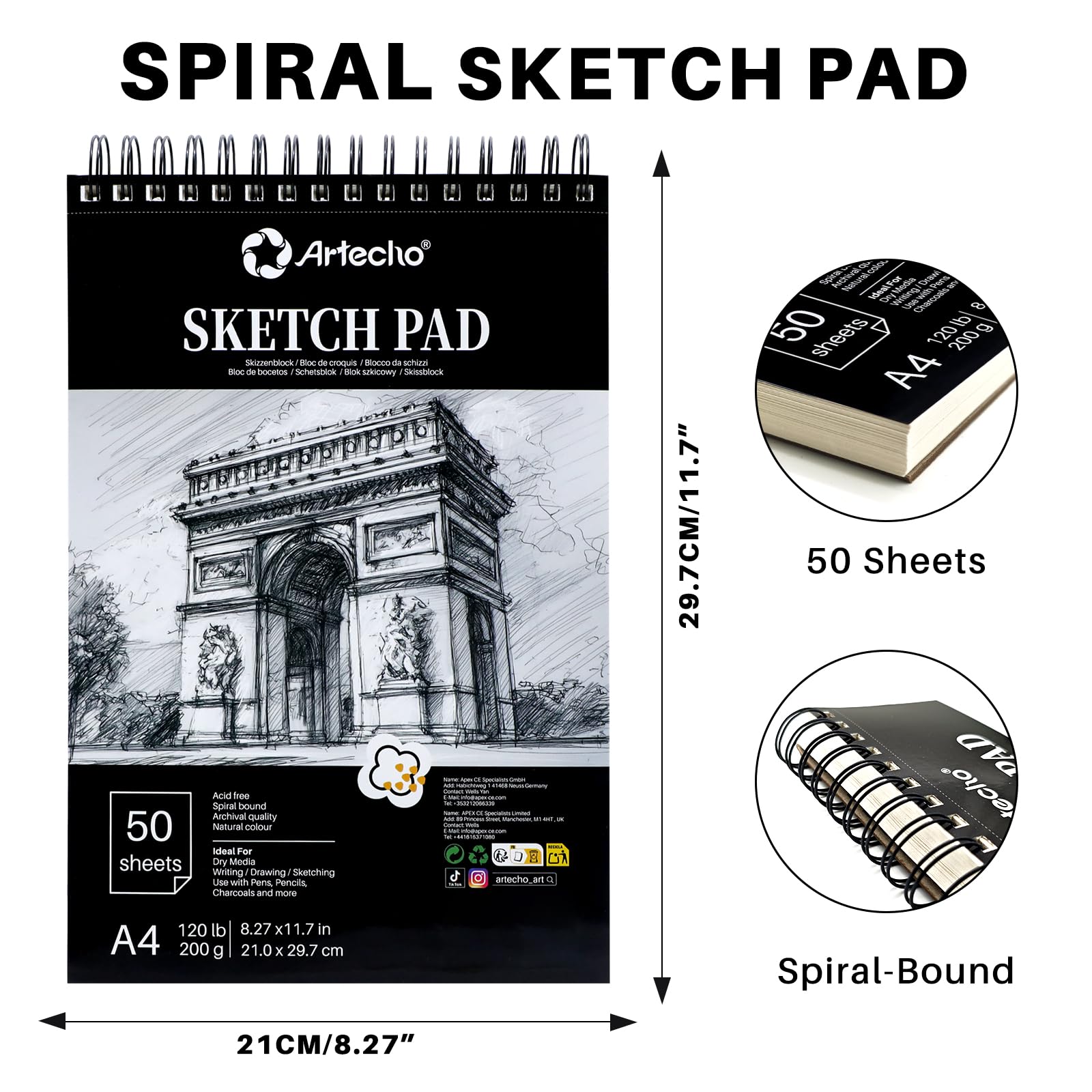 Hardcover Spiral Sketch Book, A4, 50 Sheets (300gsm)