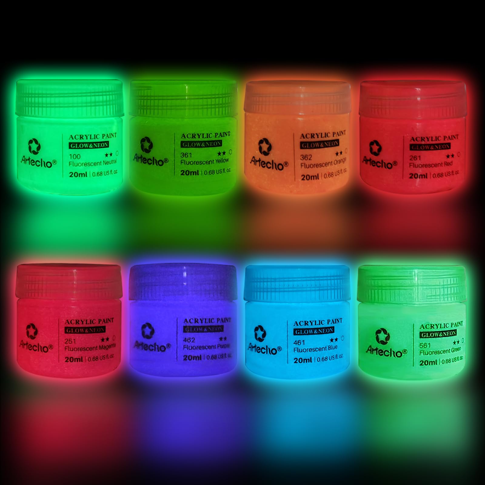 Glow in the Dark Acrylic Paint, 8 Colors (20ml / 0.7oz)