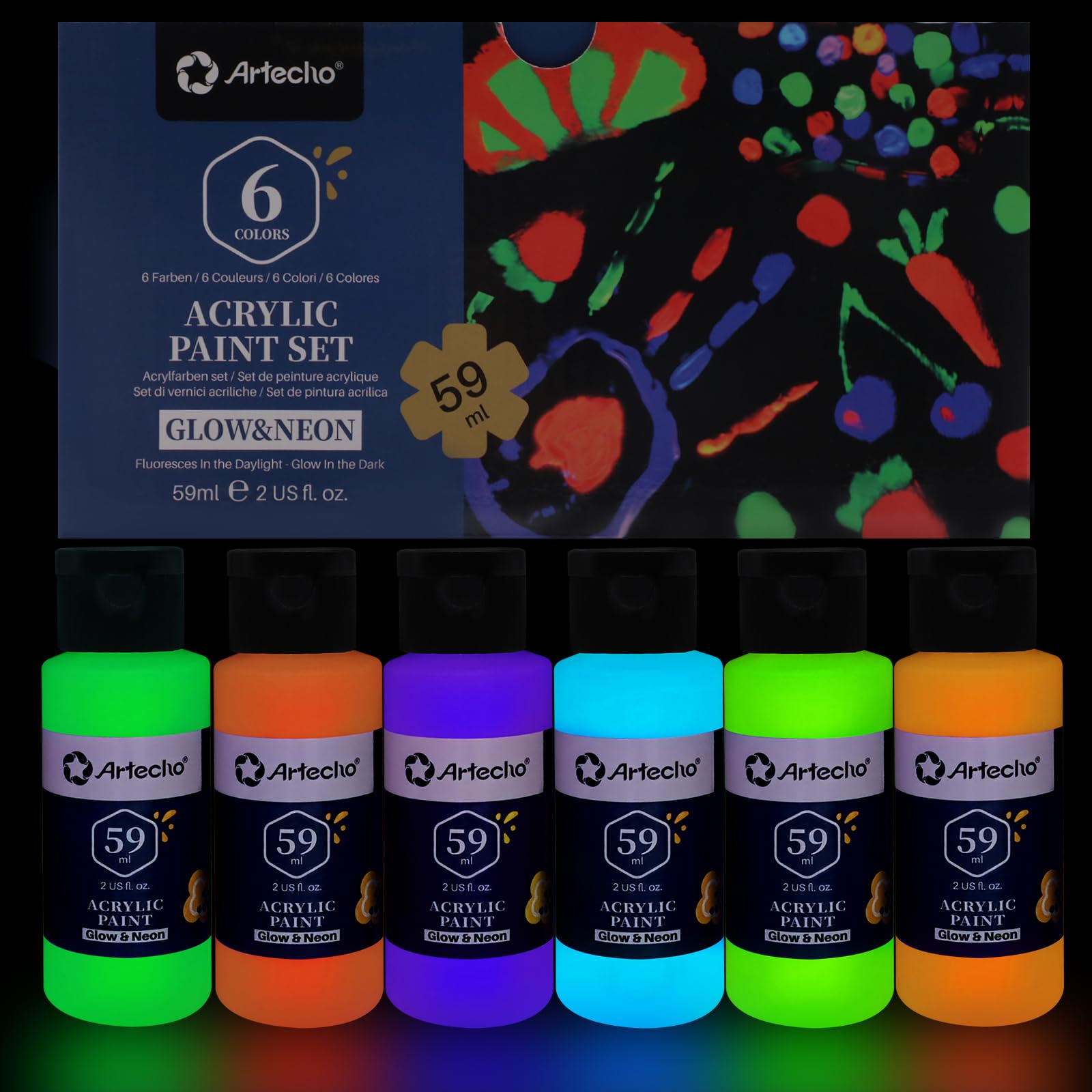 Neon Acrylic Paint, 6 Colors (59ml / 2oz)