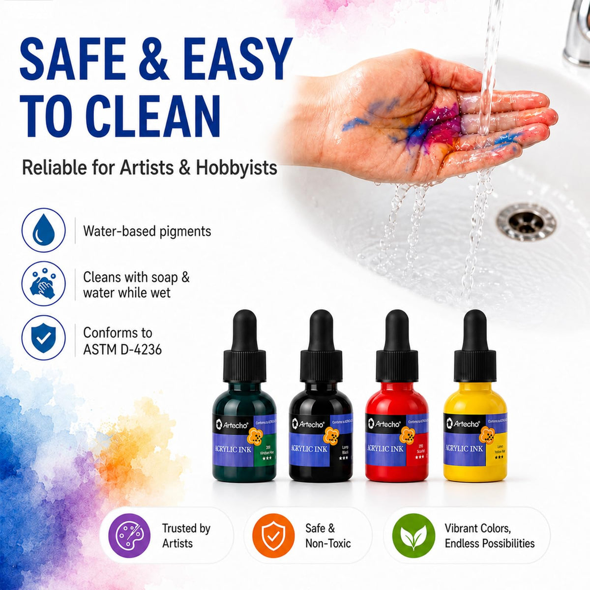 Artecho Acrylic Ink Set, 18 Colors, 20ml Dropper Bottles