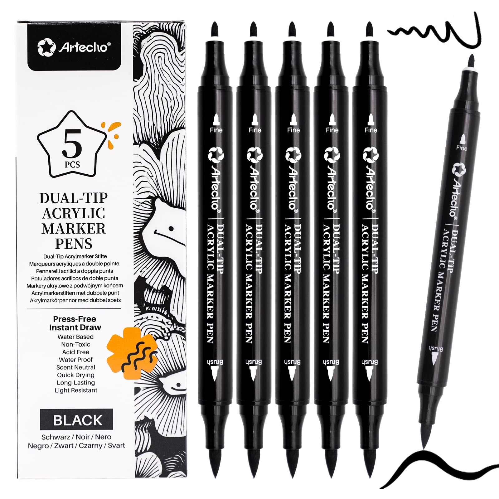 Dual Tip Acrylic Paint Pens, Black (5 PCS)