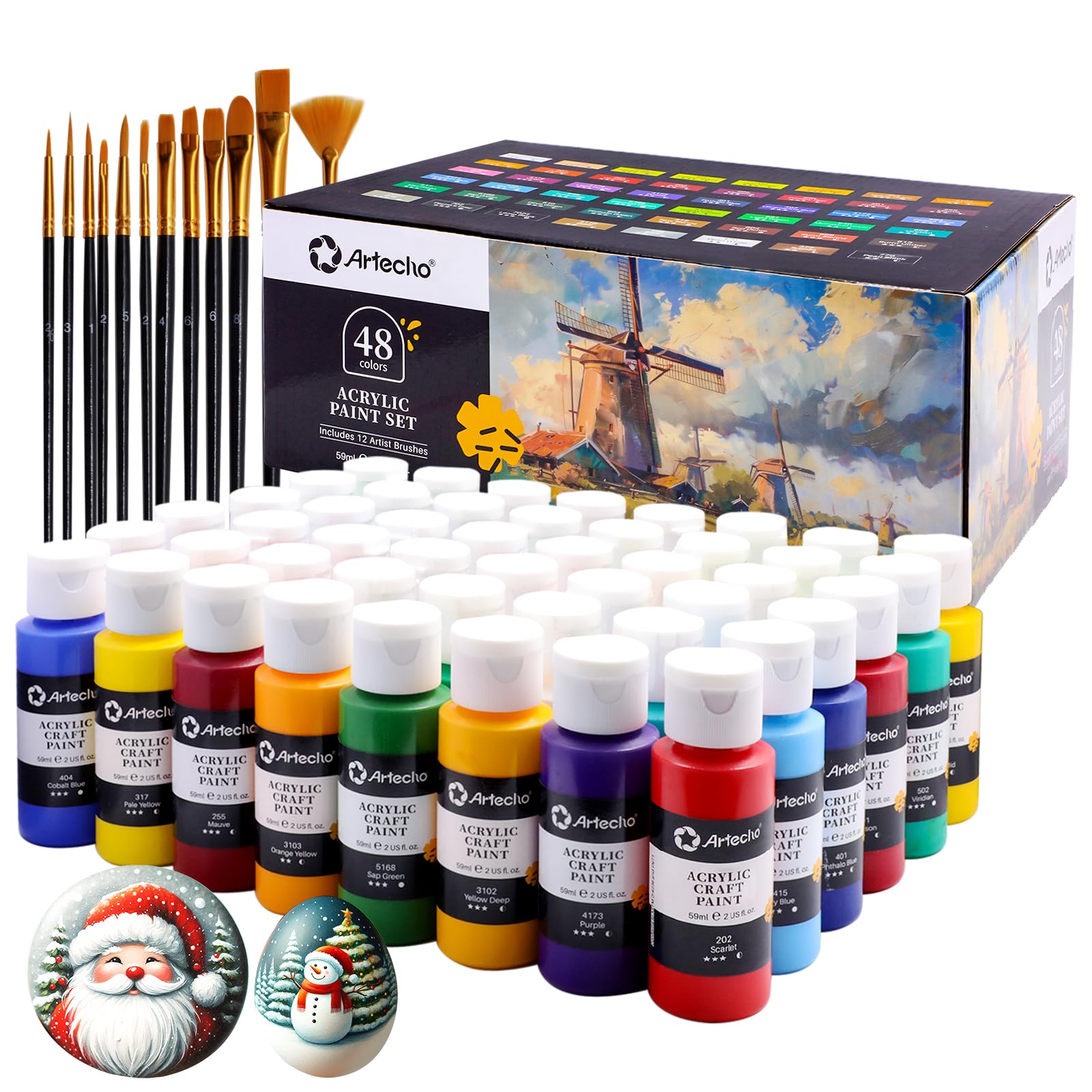 Acrylic Paint Set with 12 Brushes, 48 Colors (59ml / 2oz)