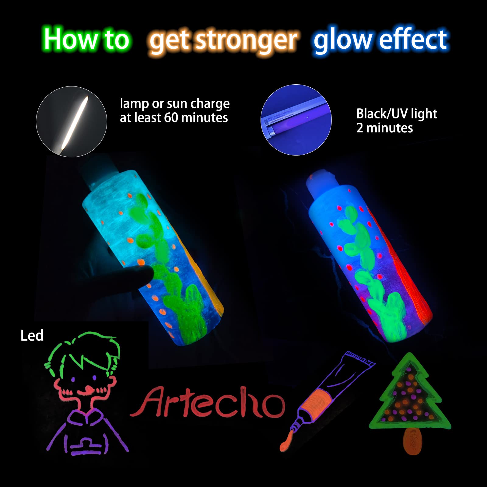 Glow in the Dark Acrylic Paint, 12 Colors (11ml / 0.37oz)