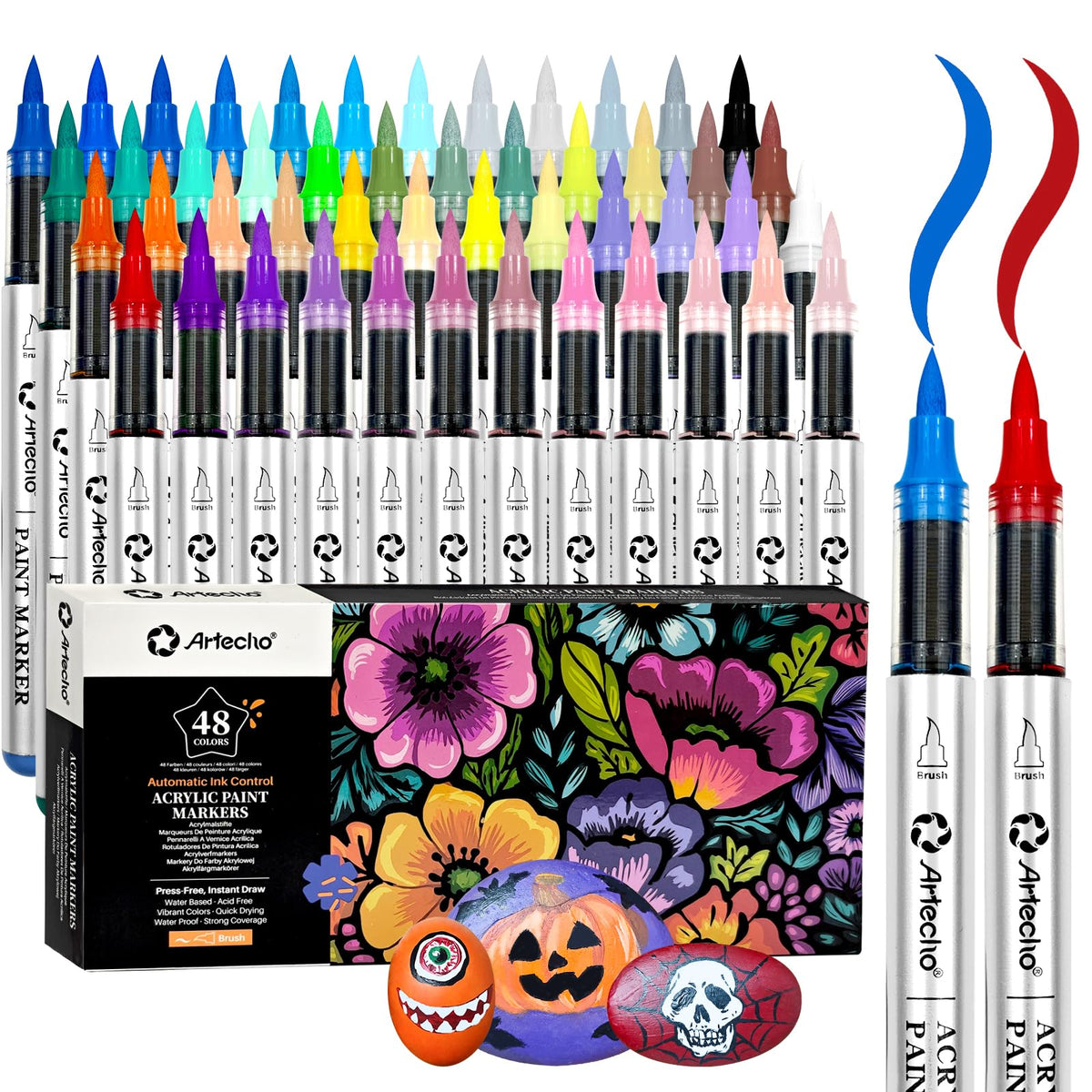 Artecho Automatic Ink Control Acrylic Paint Markers 48 Colors Brush Tip