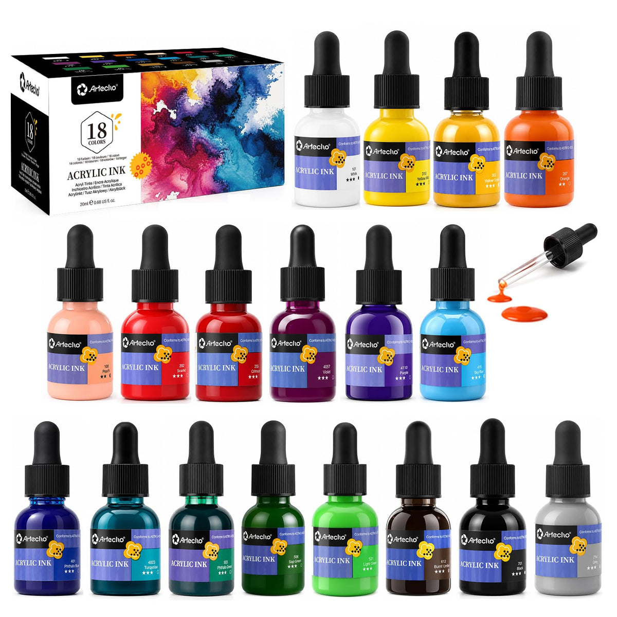 Artecho Acrylic Ink Set, 18 Colors, 20ml Dropper Bottles