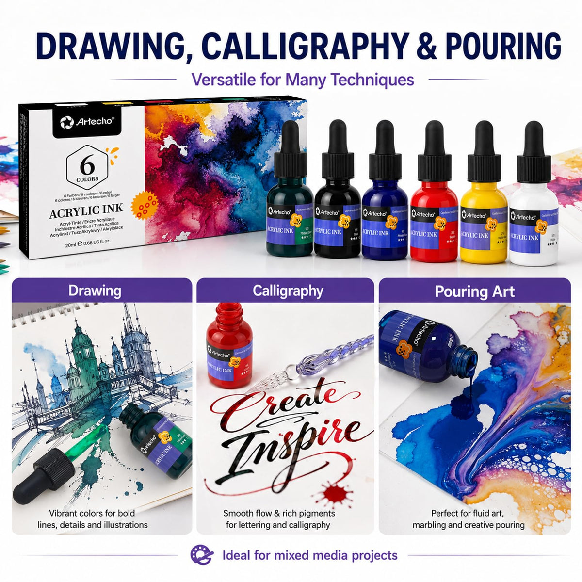 Artecho Acrylic Ink Set, 18 Colors, 20ml Dropper Bottles