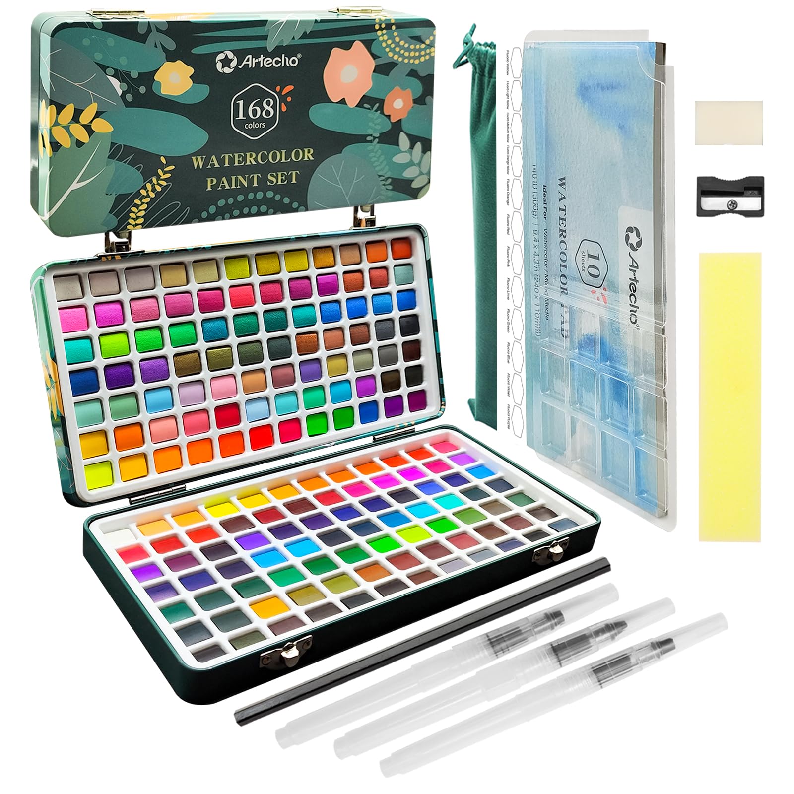Watercolor Paint Set with Pad & Brushes, 168 Colors