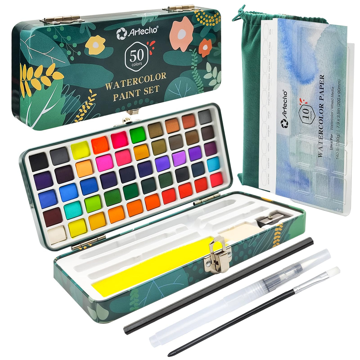 Artecho 50-Color Watercolor Paint Set, Compact Travel Tin Case