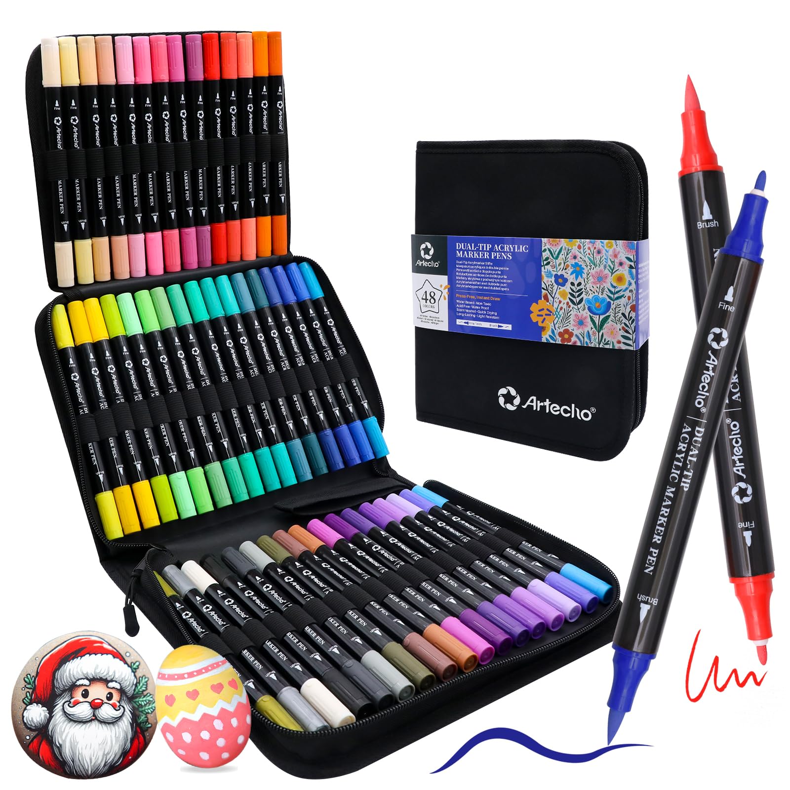 Dual-Tip Acrylic Paint Marker with Bag #Size_48 Colors Brush Tip